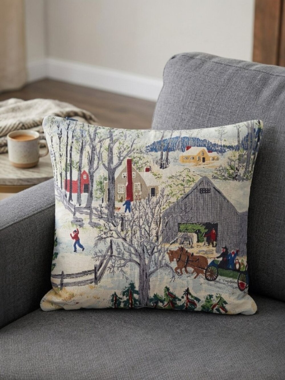 Handmade Accent Pillow Cover of Grandma Moses Early Springtime on the Farm - Picture 11 of 16